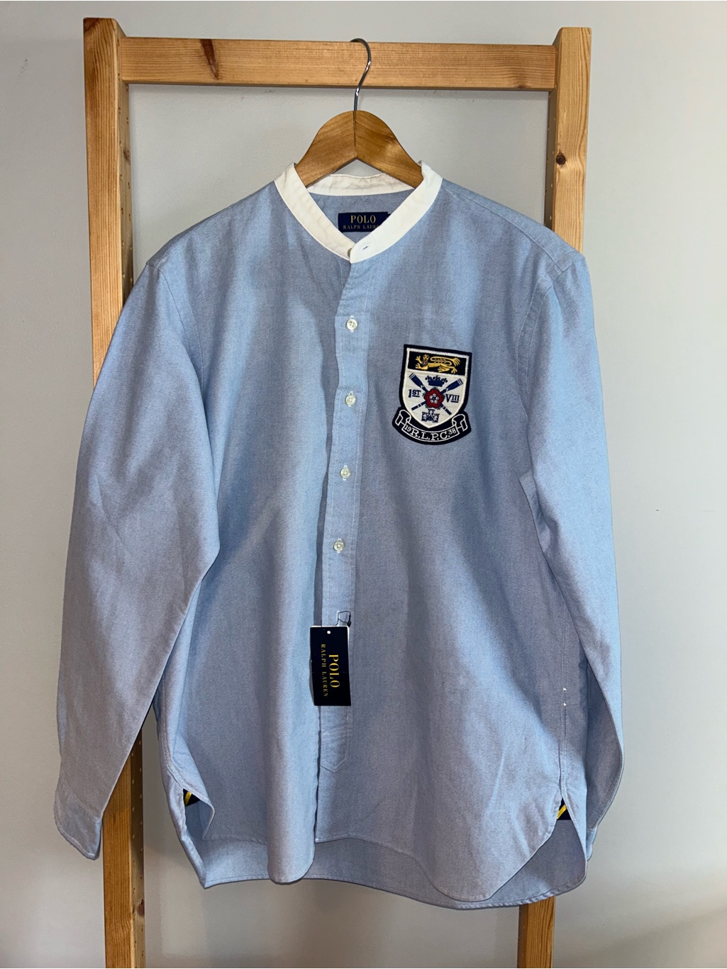 Polo By Ralph Lauren Light Blue Band-Collar Oxford Shirt With Crest Patch